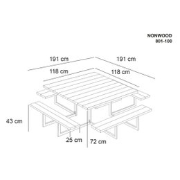 Tegning af kvadratisk nonwood picnicbord med mål