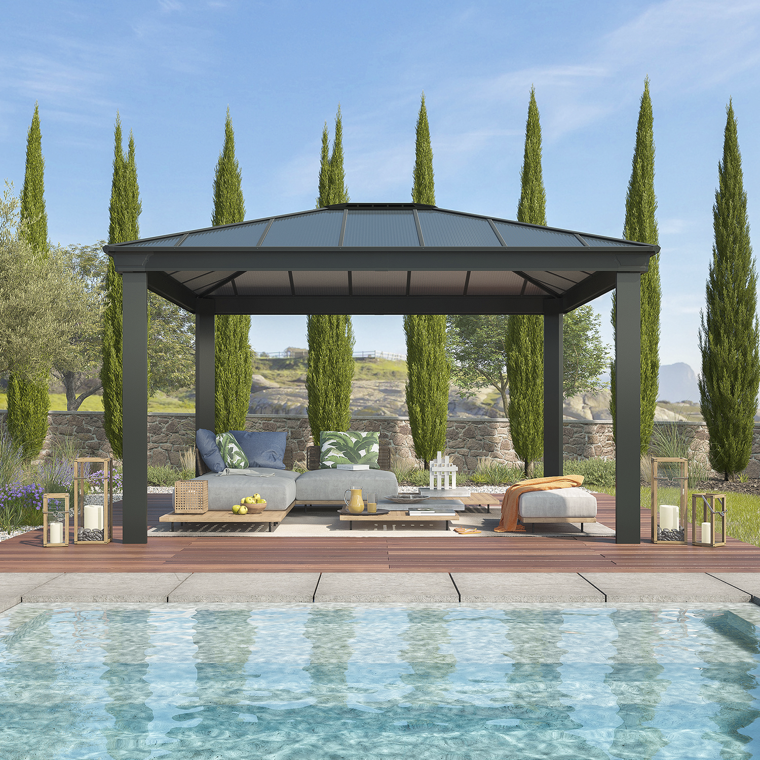 Stor sort pavillon med loungeområde ved pool