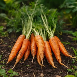 Gulerod frø Nantes 2 - Horti Tops | Middelstore, søde gulerødder til snacking og madlavning Bunke nyslåede Nantes 2 gulerødder med grøn top i jord — ensartede, saftige og søde gulerødder fra Horti Tops, velegnede til råt, salater og madlavning