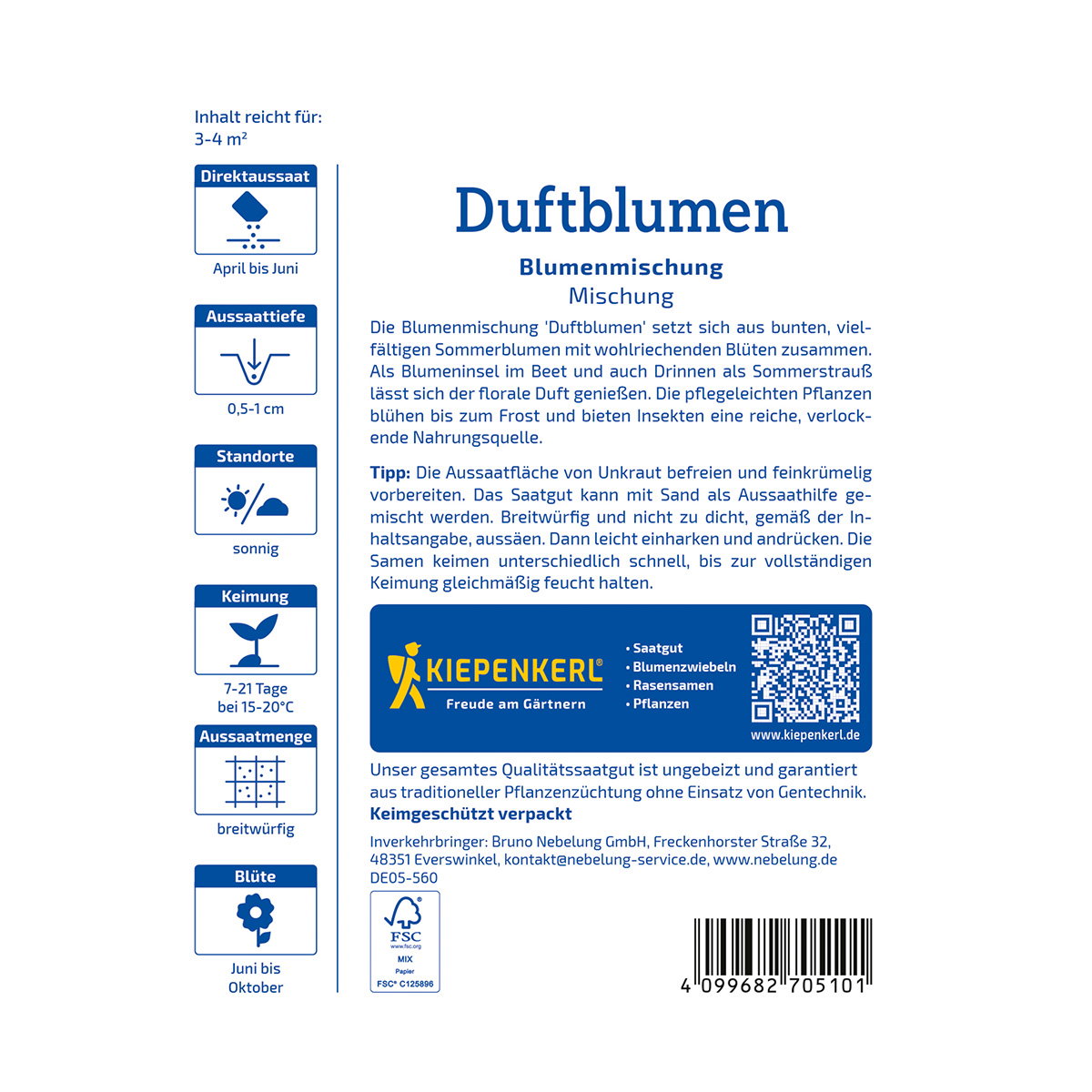 Produktbillede af Blomsterblanding 'Duftblomster' fra Kiepenkerl til 3–4 m²; farverig, velduftende etårig blanding (30–60 cm), blomstrer juni til frost, velegnet som snitblomster og insektvenlig.