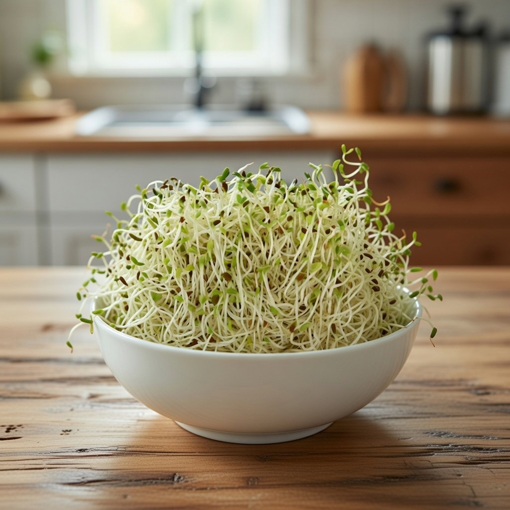 Økologiske lucernepirer frø 250 g - Buzzy | Friske lucernespirer til salater, sandwich og wraps Skål med friske lucernespirer dyrket fra økologiske lucernefrø (250 g) fra Buzzy, milde og sprøde spirer, perfekte til salater, sandwich og wraps, klar til høst efter ca. 5 dage