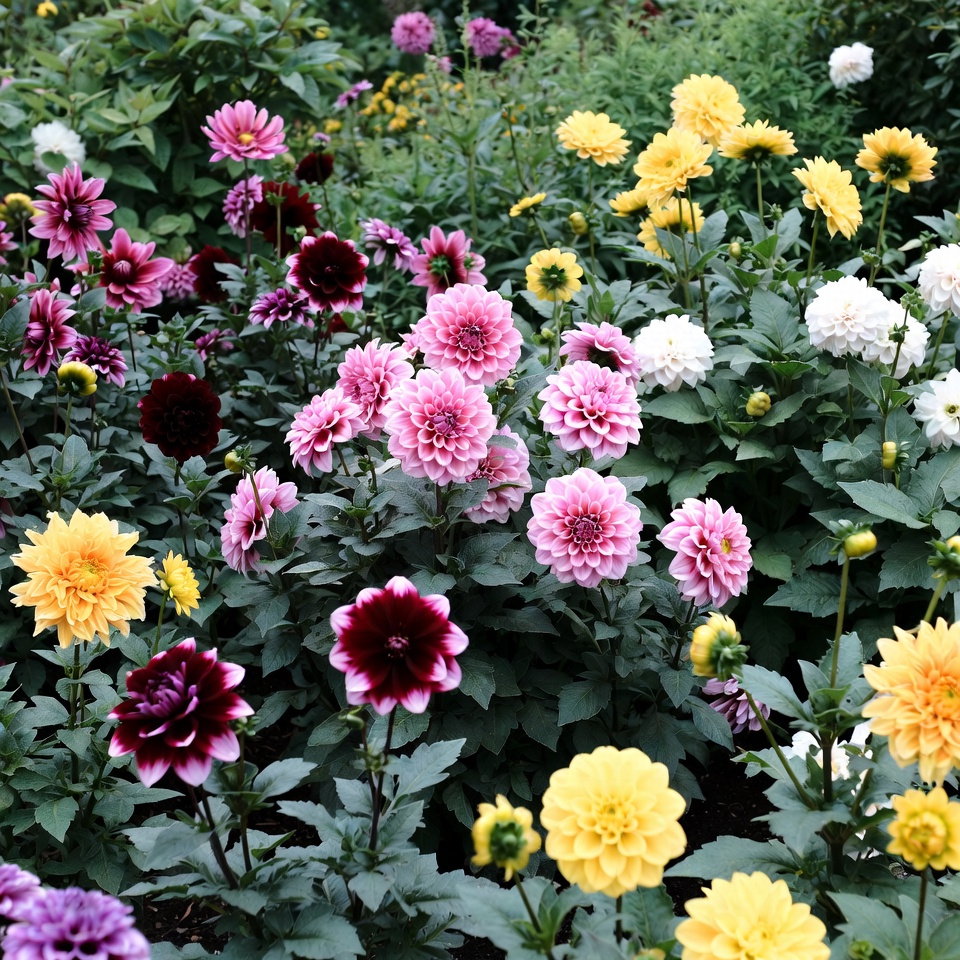 Farverigt bed med dekorative dahliaer i gul, pink, hvid og mørkerød. Dahlia løg Dekorativt mix - 5 løg fra Florex, perfekt til solrige, veldrænet bede for et flot farvespil i haven.