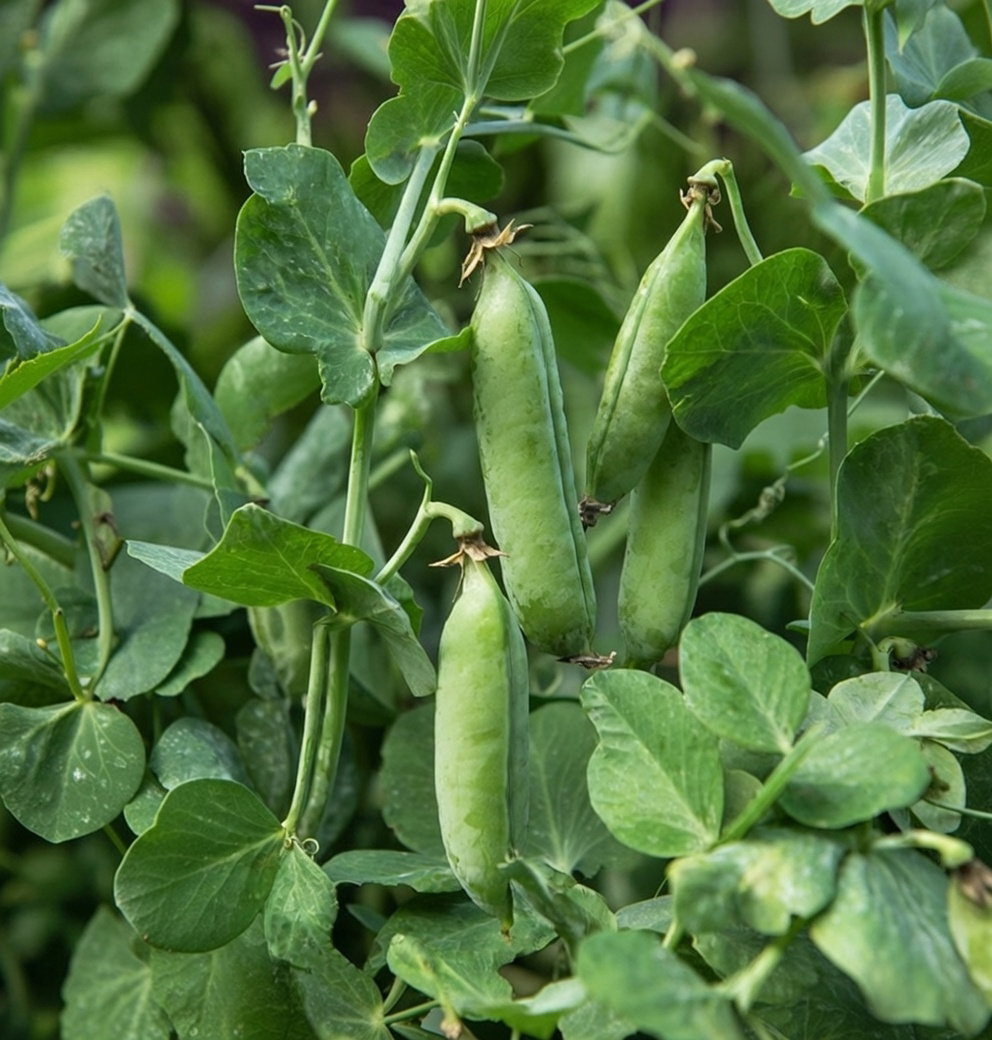 Nærbillede af grønne ærtebelger på ærteplante. Produkt: Økologiske ærtefrø 'Karina' fra Buzzy Organic – søde ærter, pose ca. 20 g, anbefalet såtid april–maj, velegnet som snack og i salater.