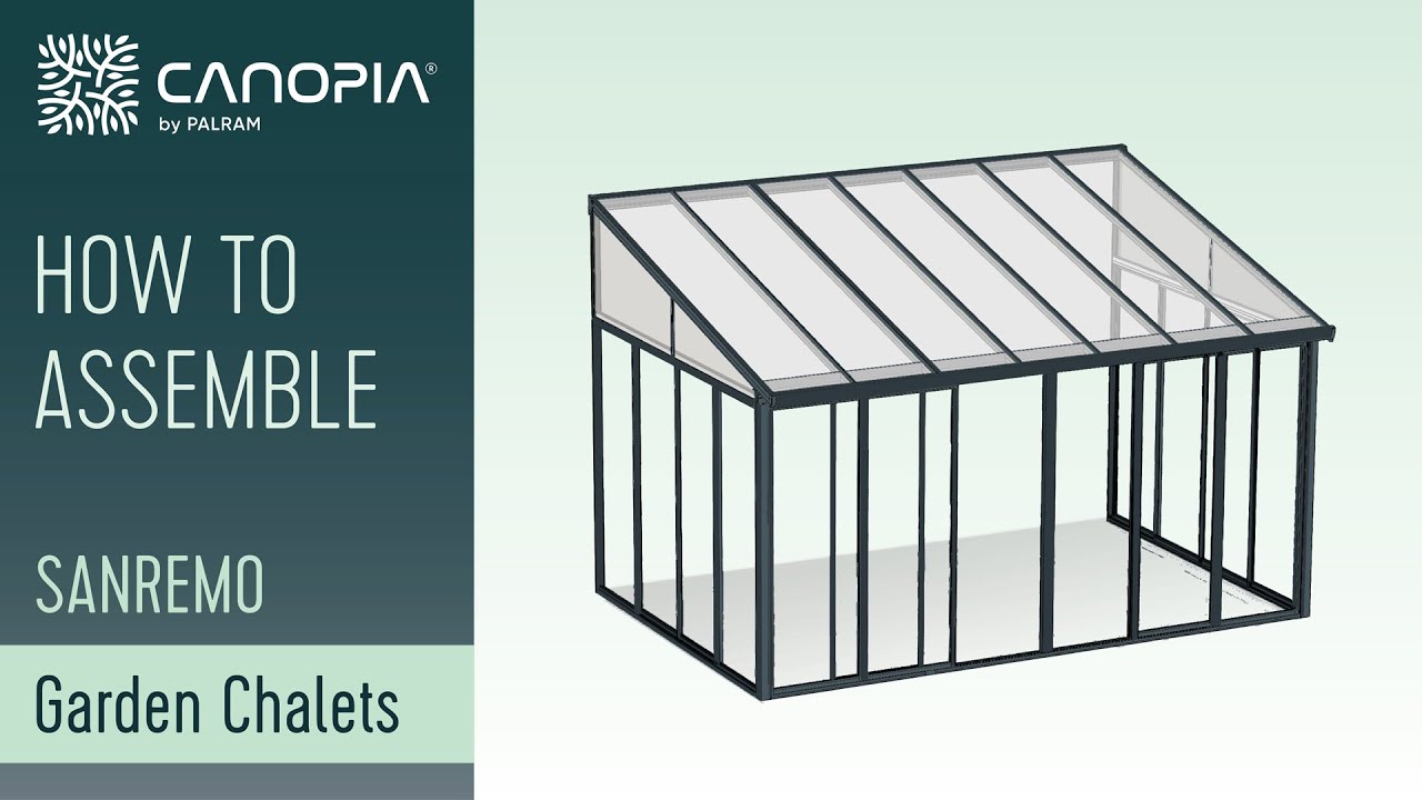 Palram - Canopia Sanremo udestue 3x4,25 m, grå | Canopia by Palram - montageillustration 3D-monteringstegning af Palram - Canopia Sanremo udestue 3x4,25 m i grå, viser aluminiumsramme, glas-/polykarbonattag og skematisk opbygning