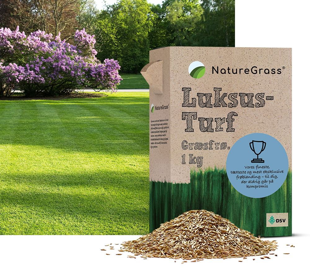 NatureGrass Luksus-Turf græsfrø 1 kg foran grøn plæne