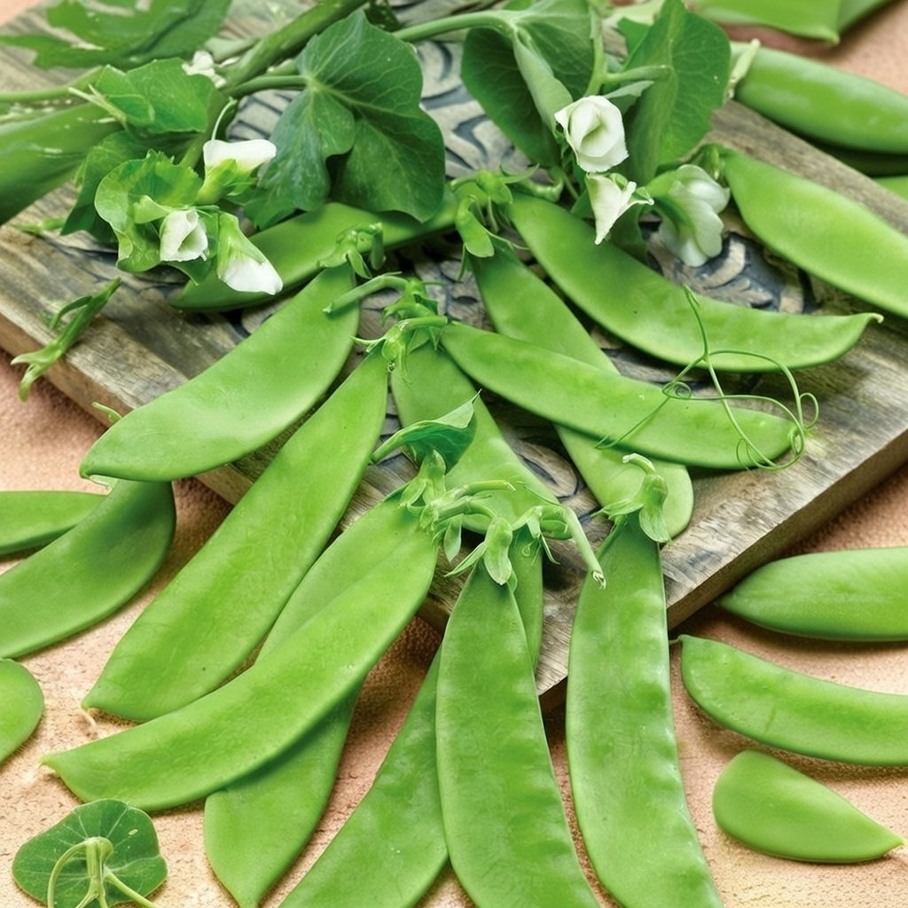 Friske grønne sukkerærter 'Record' på skærebræt med blomster og blade – økologiske frø fra Buzzy Organic, tidlig, bindes op, gode til snack, madpakke, salater og asiatiske retter