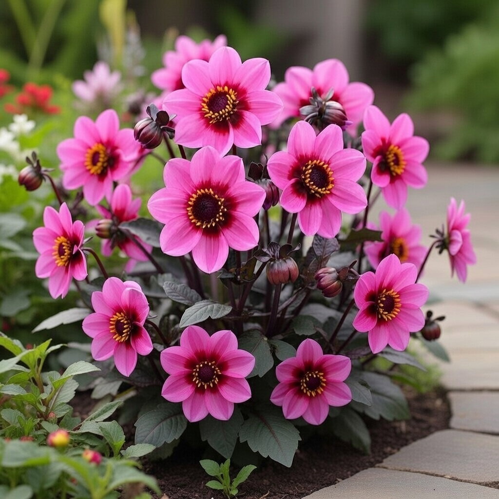 Dahlia Happy Single Wink - 1 løg | lav rosa dahlia 20 cm, blomstrer juli–oktober, velegnet til bede, kanter og altankasser - Florex Lav rosa Dahlia 'Happy Single Wink' (1 løg) med mange tætte blomster, ca. 20 cm høj. Perfekt til bede, kanter og altankasser. Blomstrer juli–oktober. Plant 5–10 cm dybt i solrig, veldrænet, næringsrig jord. Producent: Florex.
