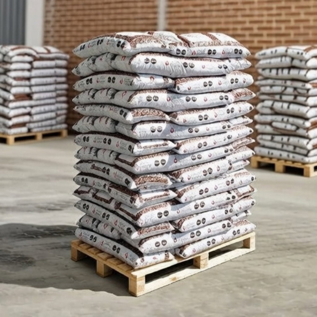 Palle med 896 kg Danske træpiller i 6 mm, stablet i 16 kg poser på palle på lager; hvidtrykte poser, ENplus og DIN+ certificerede, lokalt produceret i Danmark
