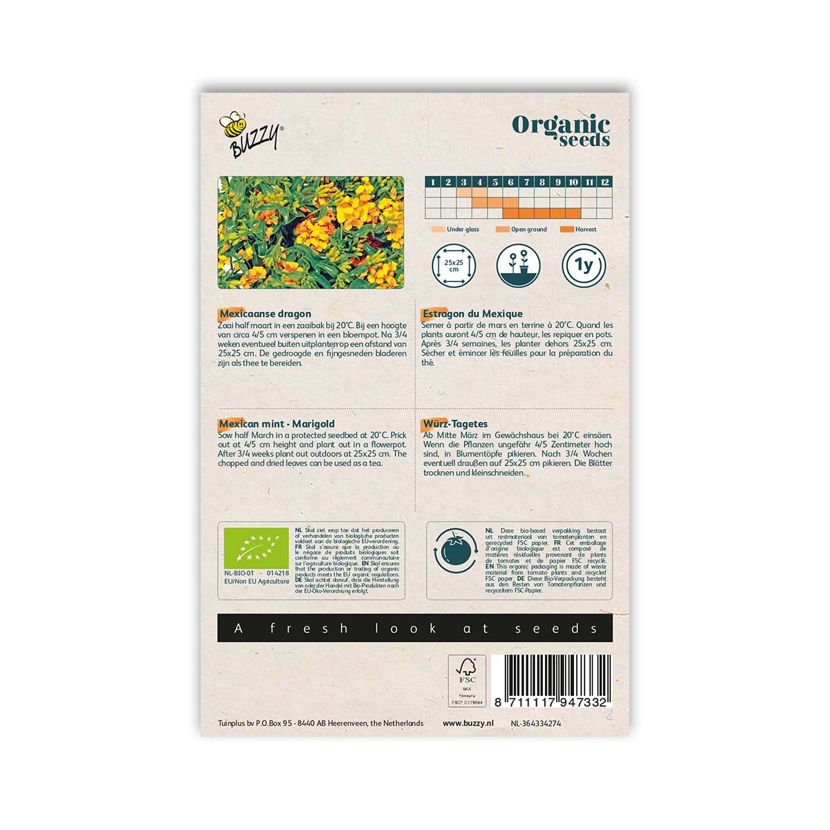Bagside af pakke med økologiske mexicansk mynte-tagetes frø