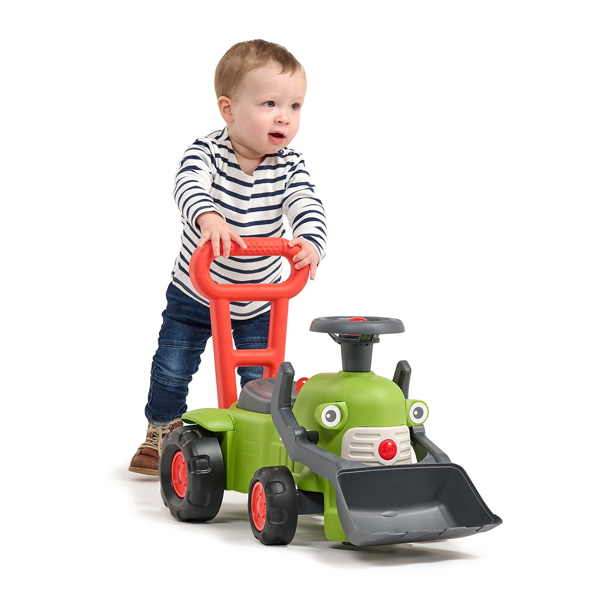 Traktor med rat, horn og skubbehåndtag Claas Vintage FALK - babylegetraktor til 1-3 år, grøn retro gangstøtte Barn skubber Claas Vintage FALK babylegetraktor med rat, horn og rødt skubbehåndtag; grøn retro-traktor med skovl og stabile hjul, ideel som gangstøtte og motorikleg for 1-3 år