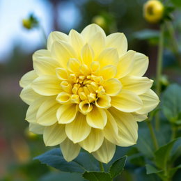 Dahlia løg, Dekorativt mix - 5 løg | Florex Nærbillede af lysegul dahlia i blomst – produkt: Dahlia løg, Dekorativt mix (5 løg) fra Florex. Farverig dekorativ dahlia, velegnet til solrige steder og veldrænet jord for kontinuerlig blomstring.