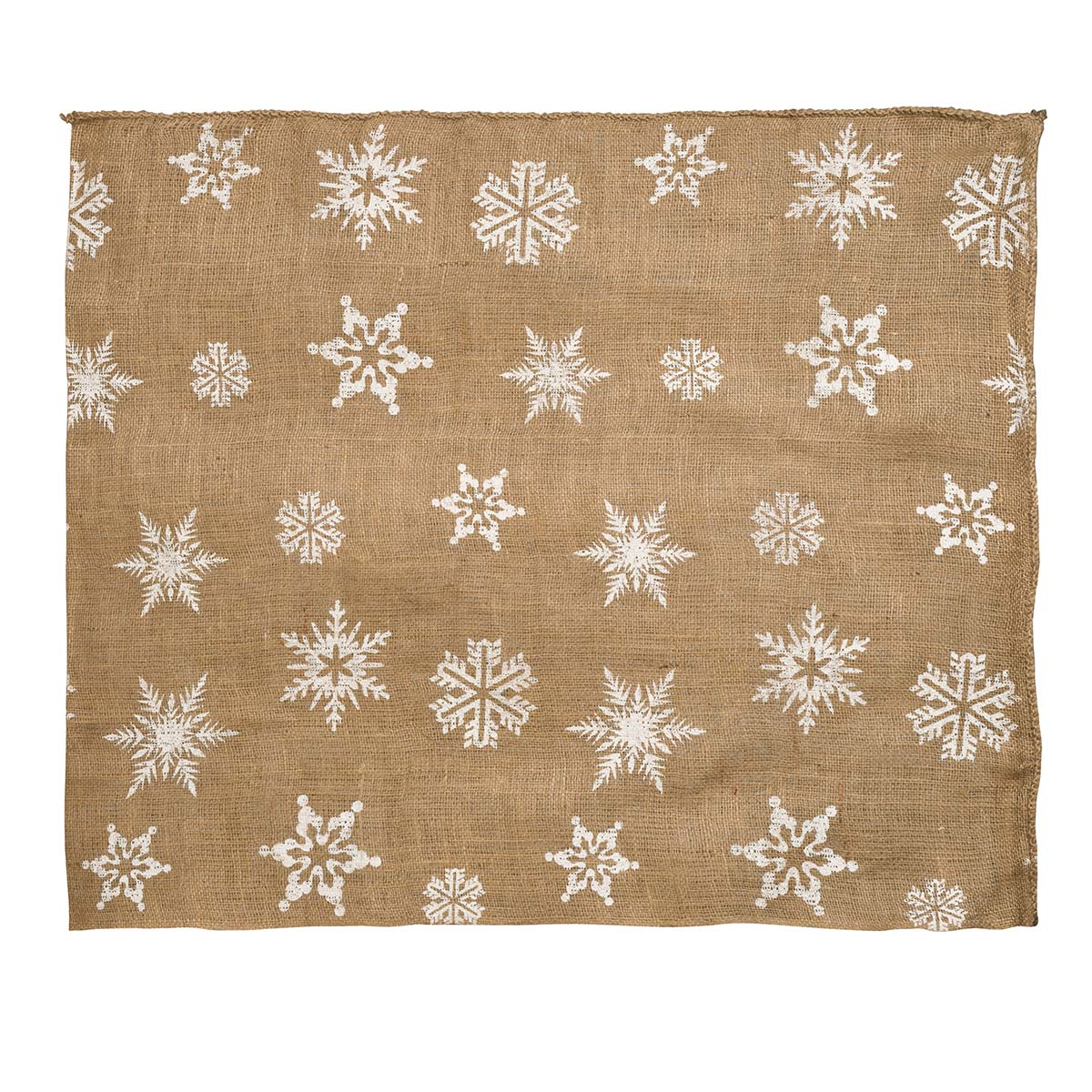 Jute dug med hvide snefnug Rektangulær juledug i jute med snefnug