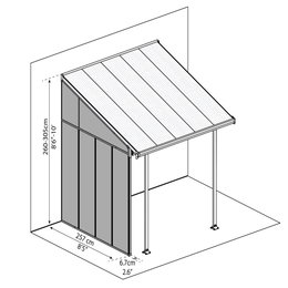 Illustration af terrasseoverdækning med mål 257x260-305 cm