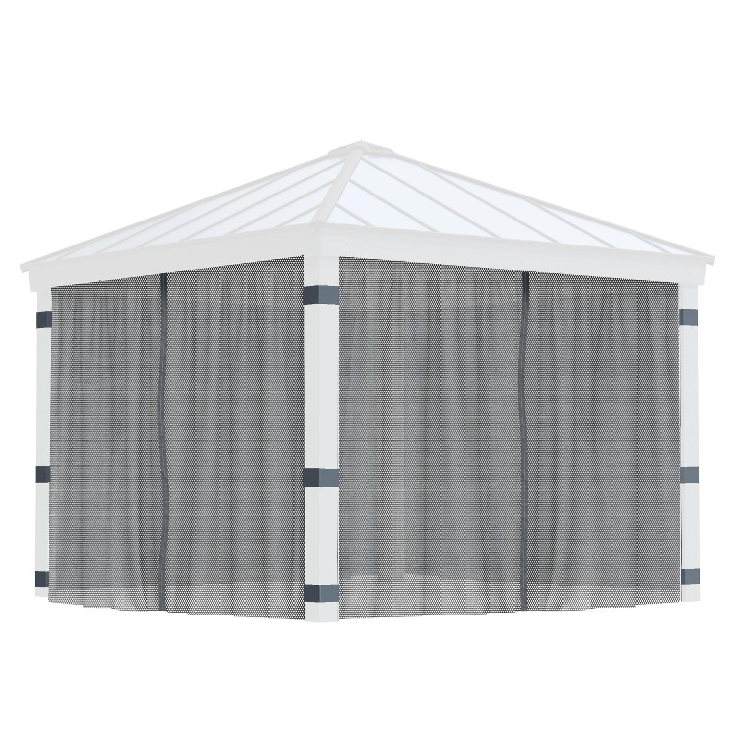 Pavillon med hvide stolper og grå sidegardiner Fritstående pavillon med hvide stolper og grå stofsider