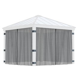 Pavillon med hvide stolper og grå sidegardiner Fritstående pavillon med hvide stolper og grå stofsider