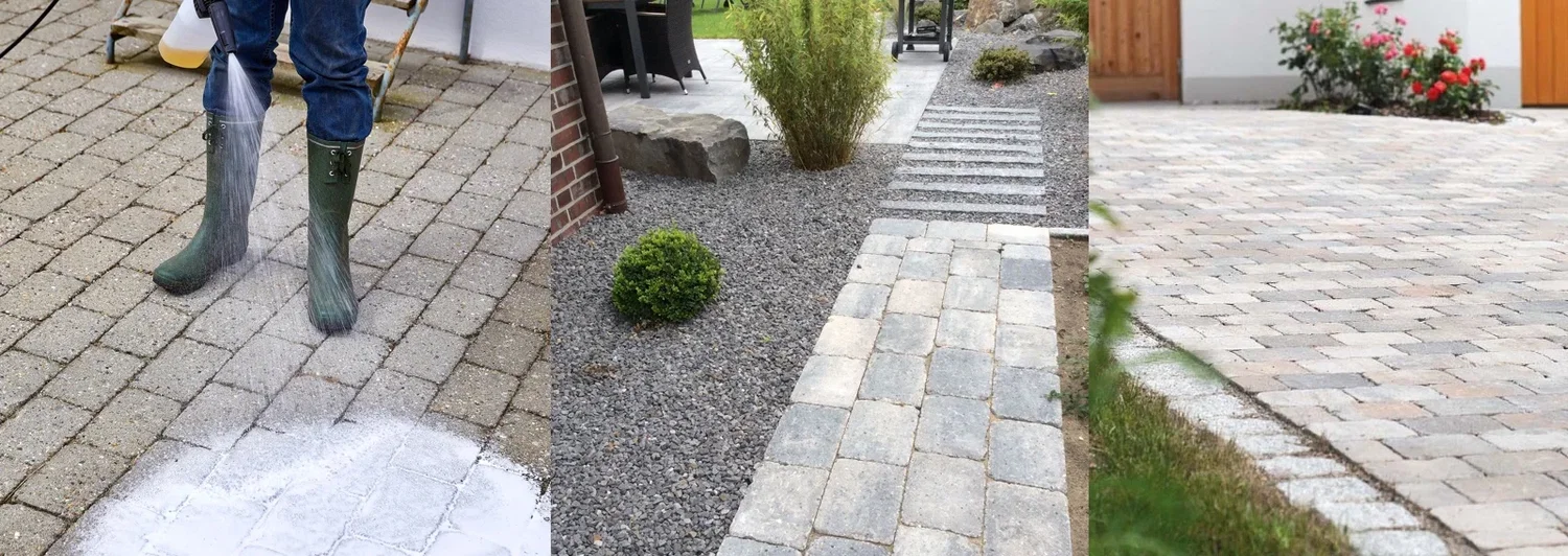 Rengjorte og nyanlagte belægningssten - indkørsel, gangsti og terrasse i naturfarvede brosten Person bruger højtryksrenser på belægning; renset indkørsel, grå brostensgang og terrasse med grusbed og beplantning